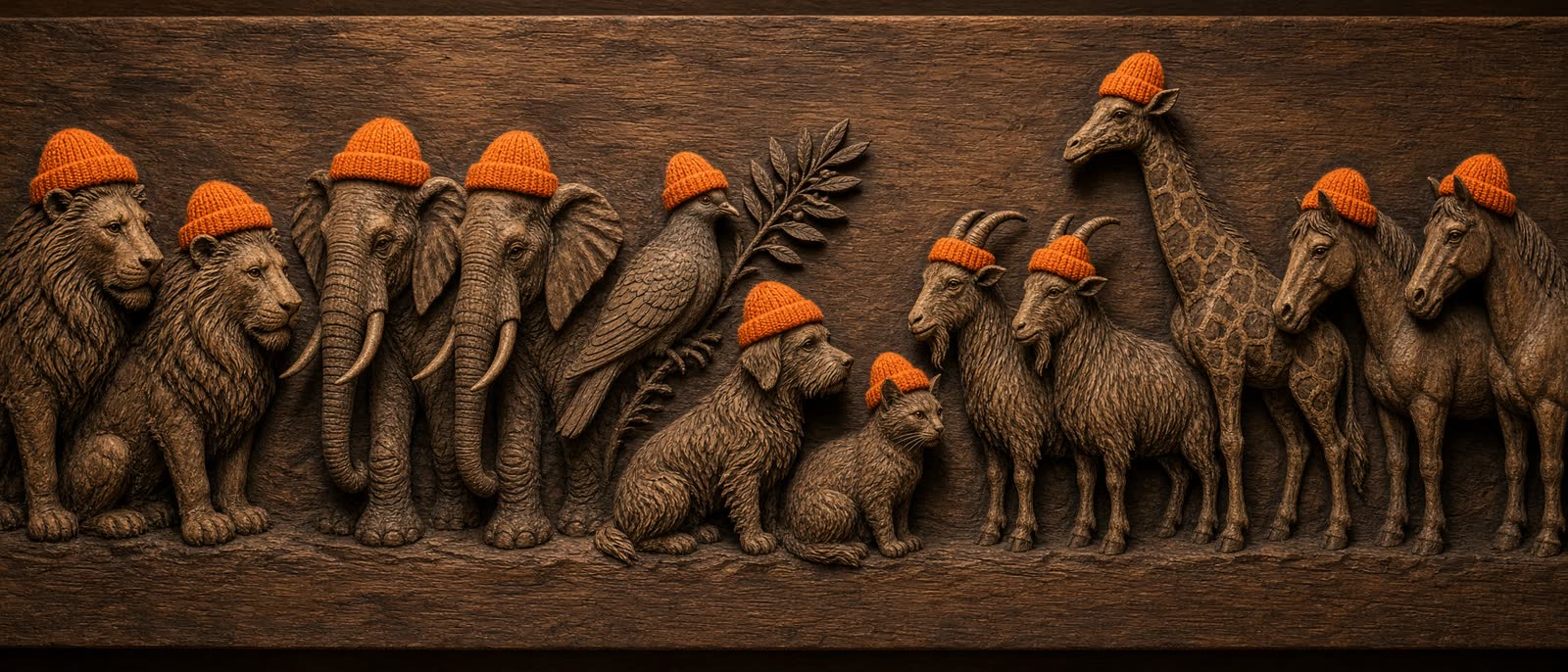 Long walnut carving of paired animals, each one wearing a small orange knitted cap.