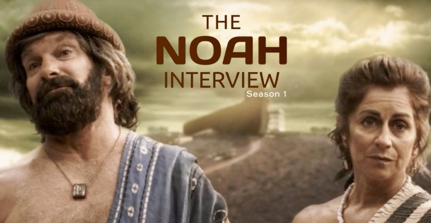 Title card, The Noah Interview, season one: Noah in the knit cap beside his wife, the ark on a ridge behind them.