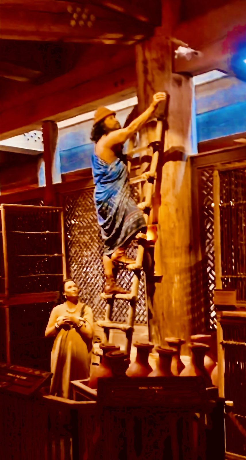 Inside the ark: Noah in a knit cap climbs a lashed wooden ladder while a woman looks up from clay jars.